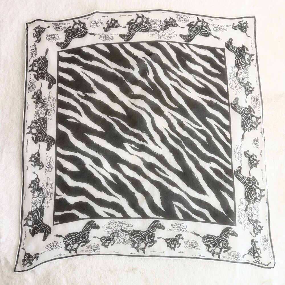 Burmel Vintage Silk Scarf Zebra Print Black & White 22 Inch Square